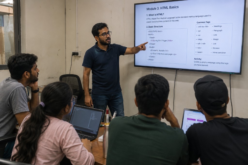 Internship training session — mentor teaching HTML basics to trainees at RDK Technologies