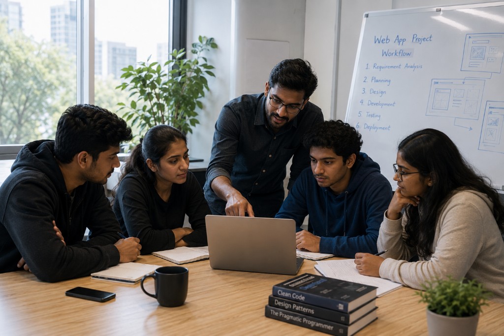 Vocational training session — mentor guiding trainees on a web app project at RDK Technologies